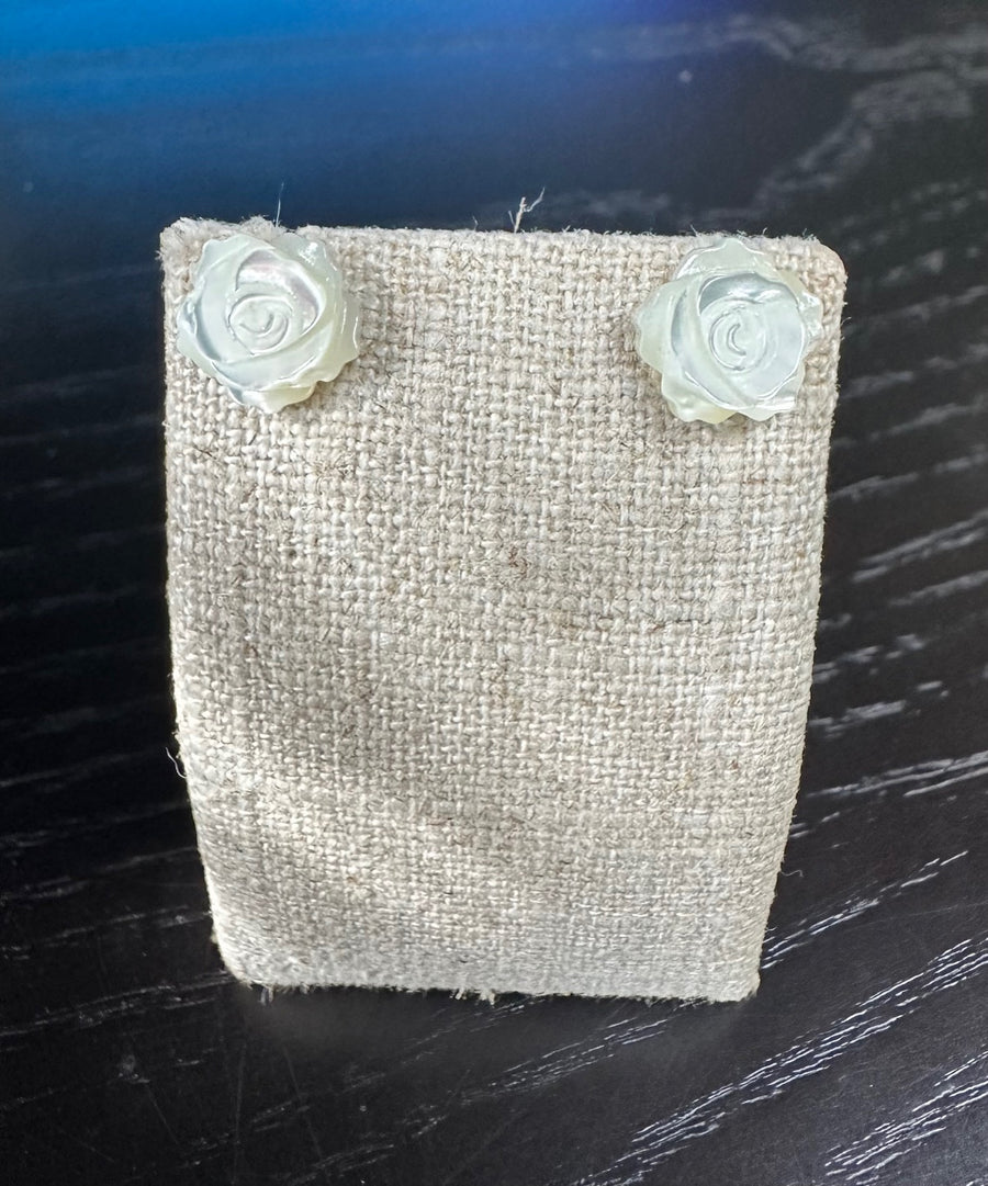 Mother of Pearl White Carved Flower Stud Earring in 10K, Comfort Backs!