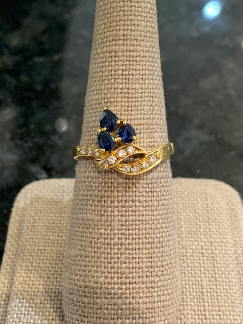 Sapphire Leaf and Diamond Branch Ring in 18K Yellow Gold, 3S=.23CTTW, 11D=.12cttw. Size 7