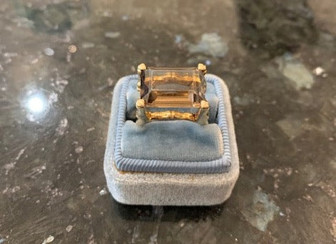 Rad 11CT Smoky Quartz Emerald Cut Bamboo Ring in 14K Yellow Gold, Size 6. Estate Collection