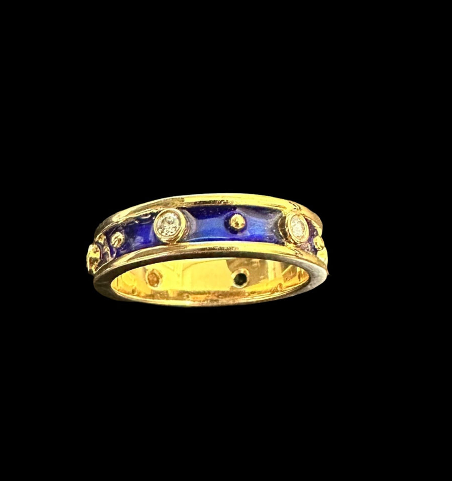 Fabulous 18K Hidalgo Diamond & Navy Enamel Eternity Band. Size 6.5+. 6D=.20CTTW. Estate Collection