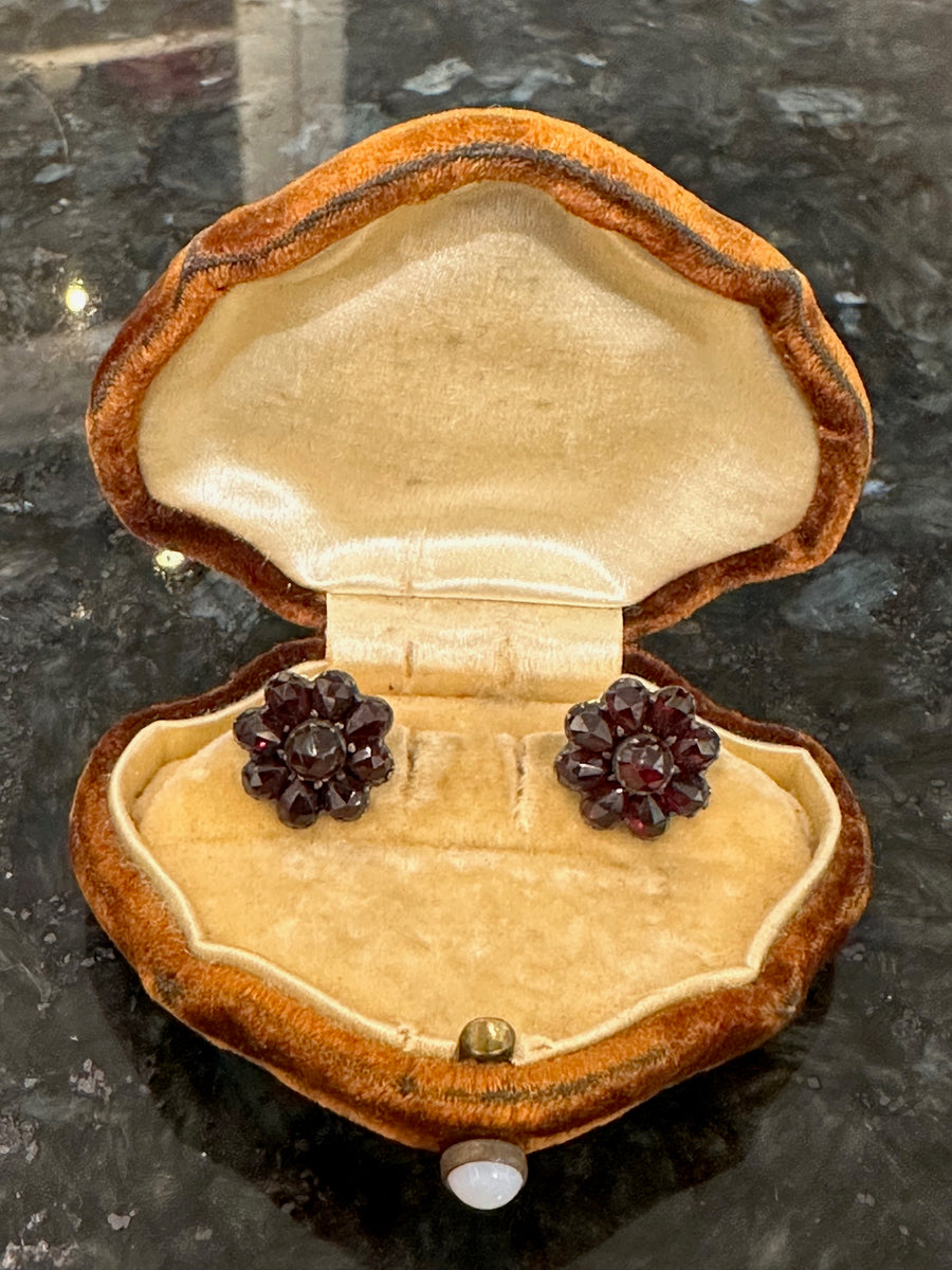 Antique Bohemian Garnet Flower Stud Earrings in 9K Gold & Silver, New Sterling Silver Backs. Estate Collection