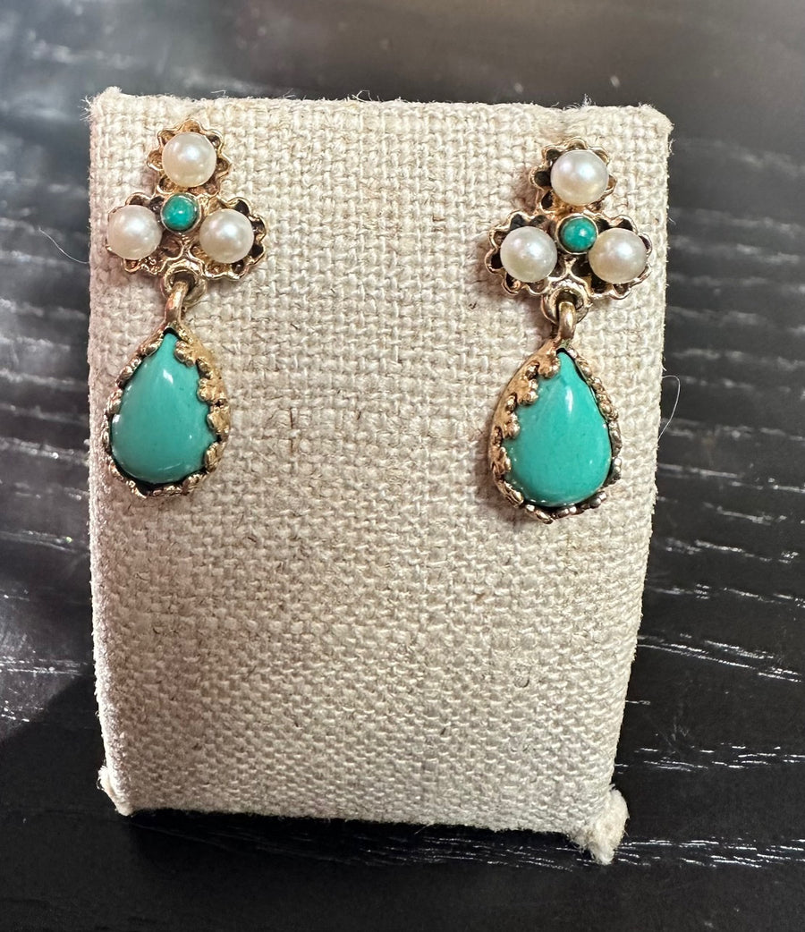 Gorgeous Turquoise & Pearl Screwback Drop Earrings in 14-K Yellow Gold, Estate Collection