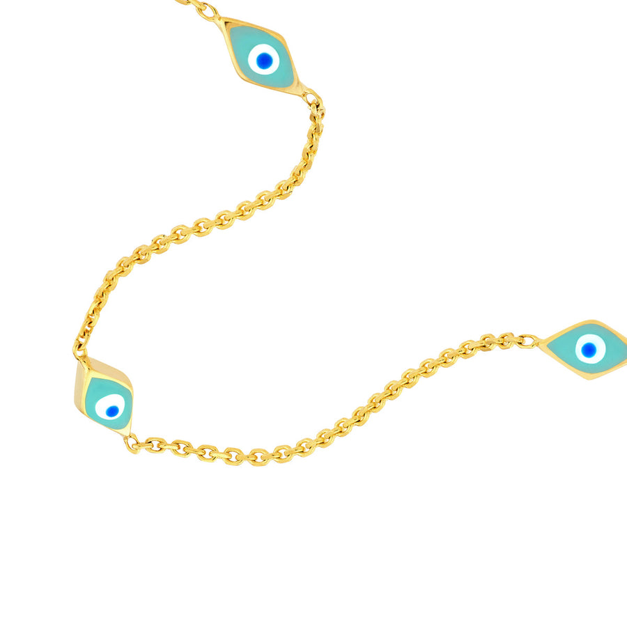 Gorgeous Turquoise Enamel Evil Eye Station Necklace in 14K Yellow Gold, 18" Length