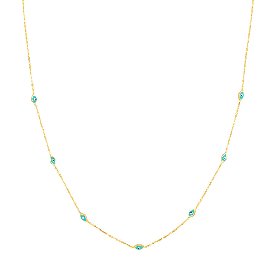 Gorgeous Turquoise Enamel Evil Eye Station Necklace in 14K Yellow Gold, 18" Length