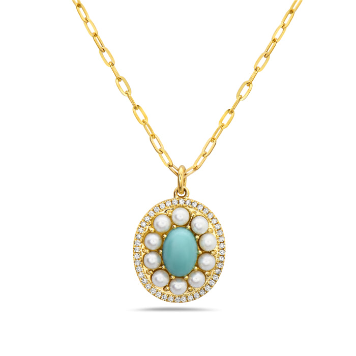 Simply Elegant Turquoise, Diamond & Pearl Necklace in 14k Gold, 16-17-18" Adjustable. 44D=.10CTTW, 10P,TQ=.76CT