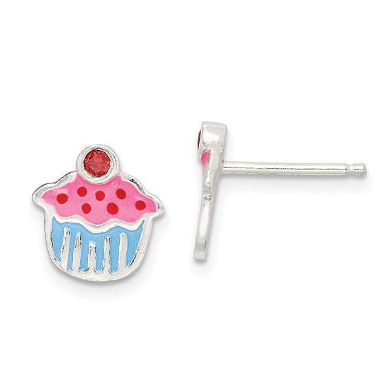 Sterling Silver Garnet Cupcake Enamel Earrings