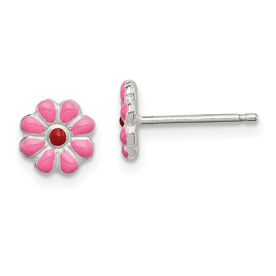 Sterling Silver Pink Enamel Flower Earrings