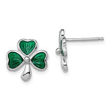 Sterling Silver Green Enamel Clover Stud Earrings