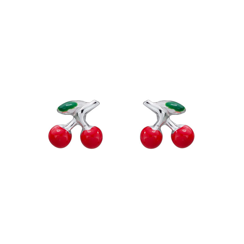 Enamel Cherry Stud Earrings in Sterling Silver, Sweet!