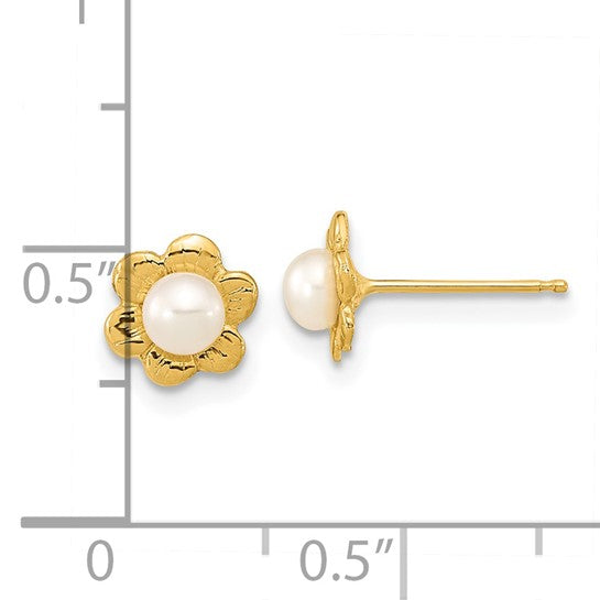 14K Yellow Gold Cultured Pearl Flower Stud Earrings