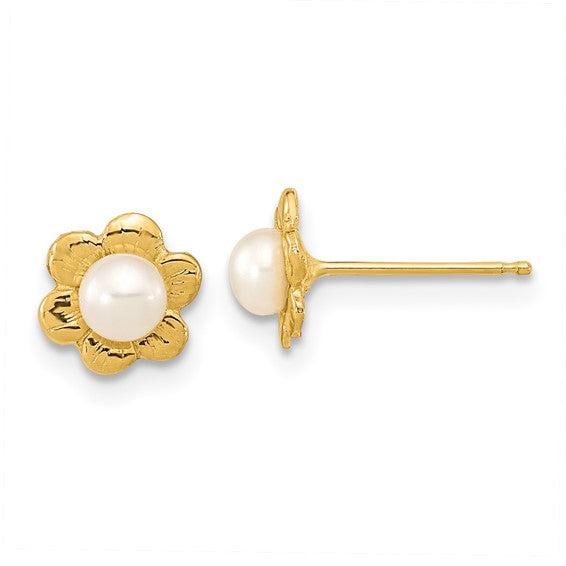 14K Yellow Gold Cultured Pearl Flower Stud Earrings