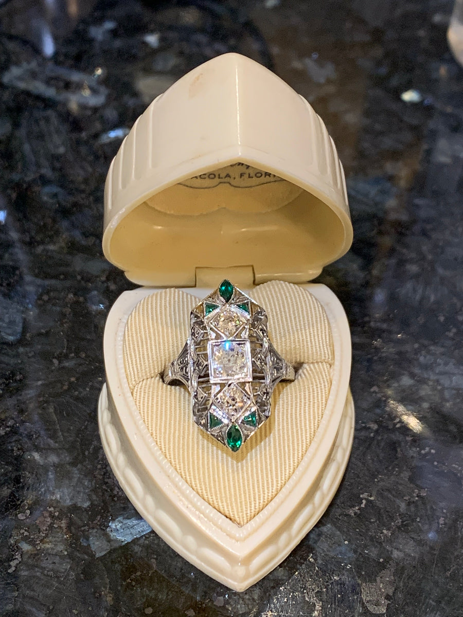 18K Old Mine/Old European Diamond & Synthetic Emerald Dinner Ring Circa 1920, 3D=.75CTTW
