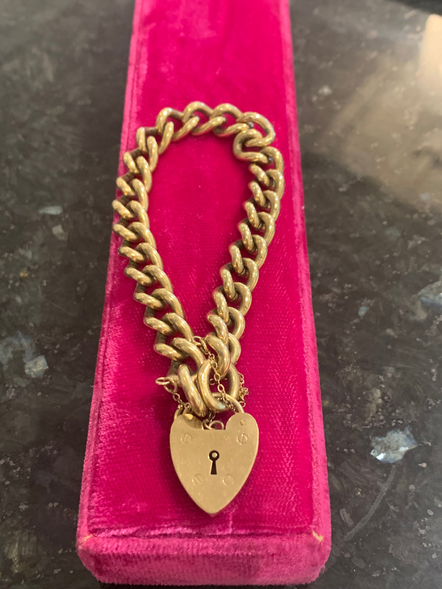 SOLID GOLD Victorian Heart Padlock Bracelet, Hallmarked! 9K
