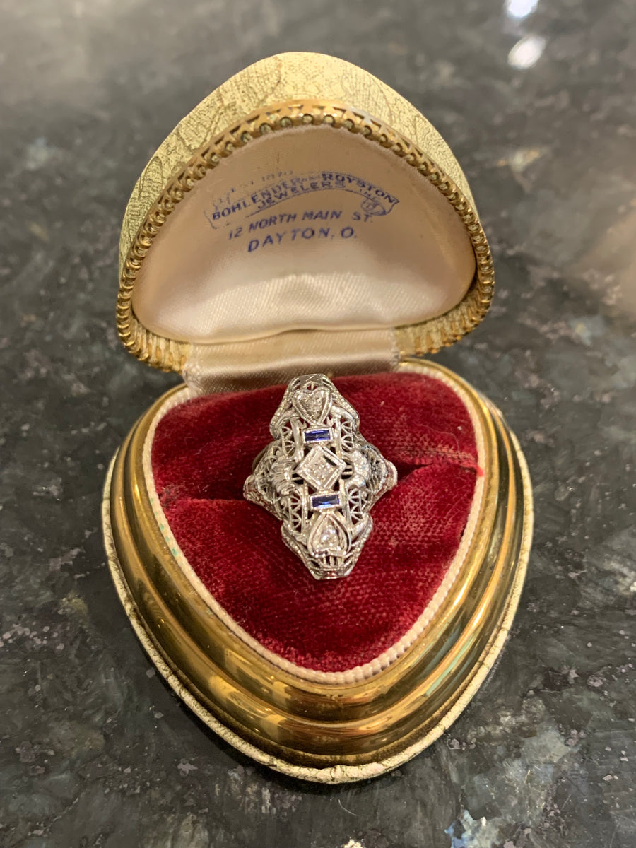 Edwardian Diamond Filigree Ring, 18K w Synthetic Sapphire in Finger Size 5+