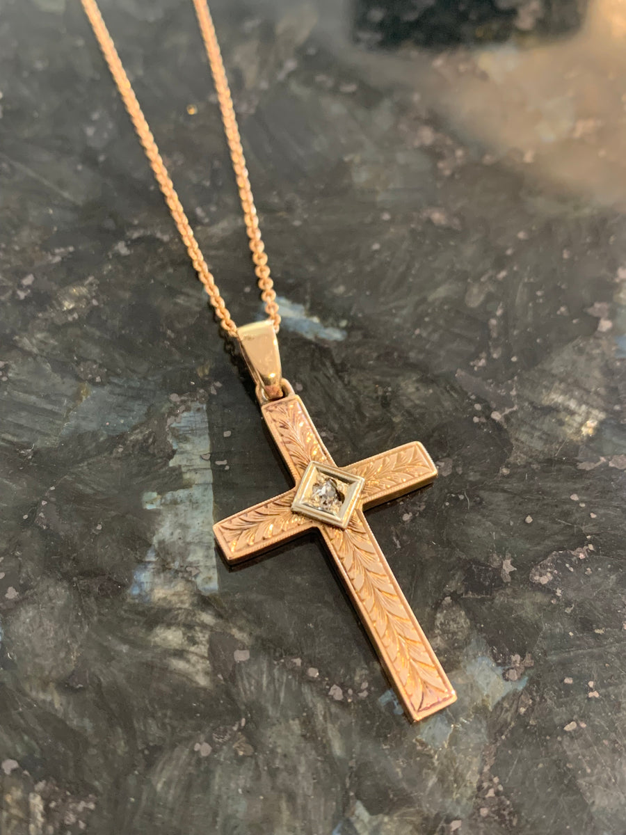 Victorian 10K Engraved Cross w/.10CT Mine Diamond, Chain Sold Separately