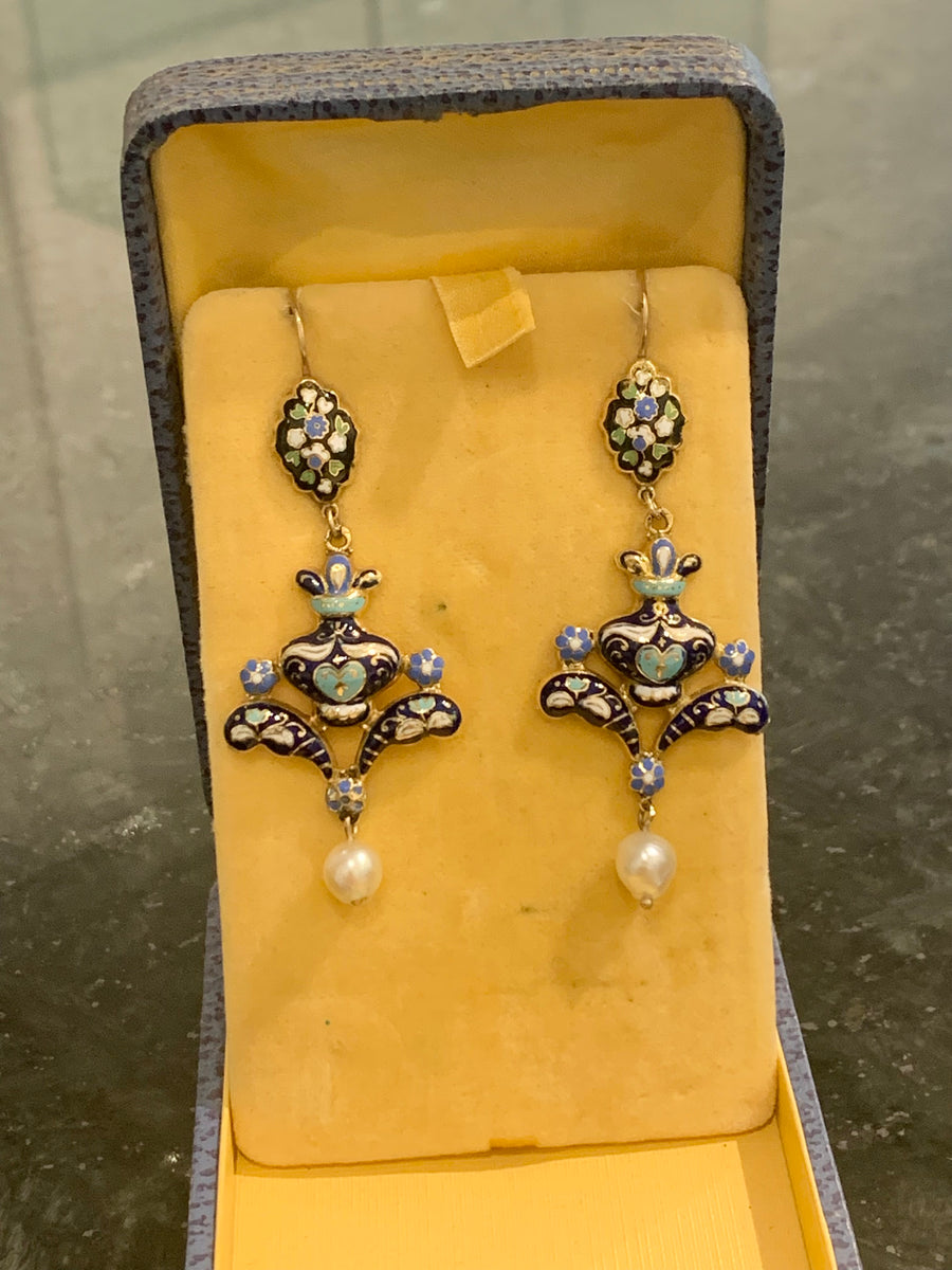 Turn of The Century Swiss Enamel & Natural Pearl Drop Earrings, 14K & 10K