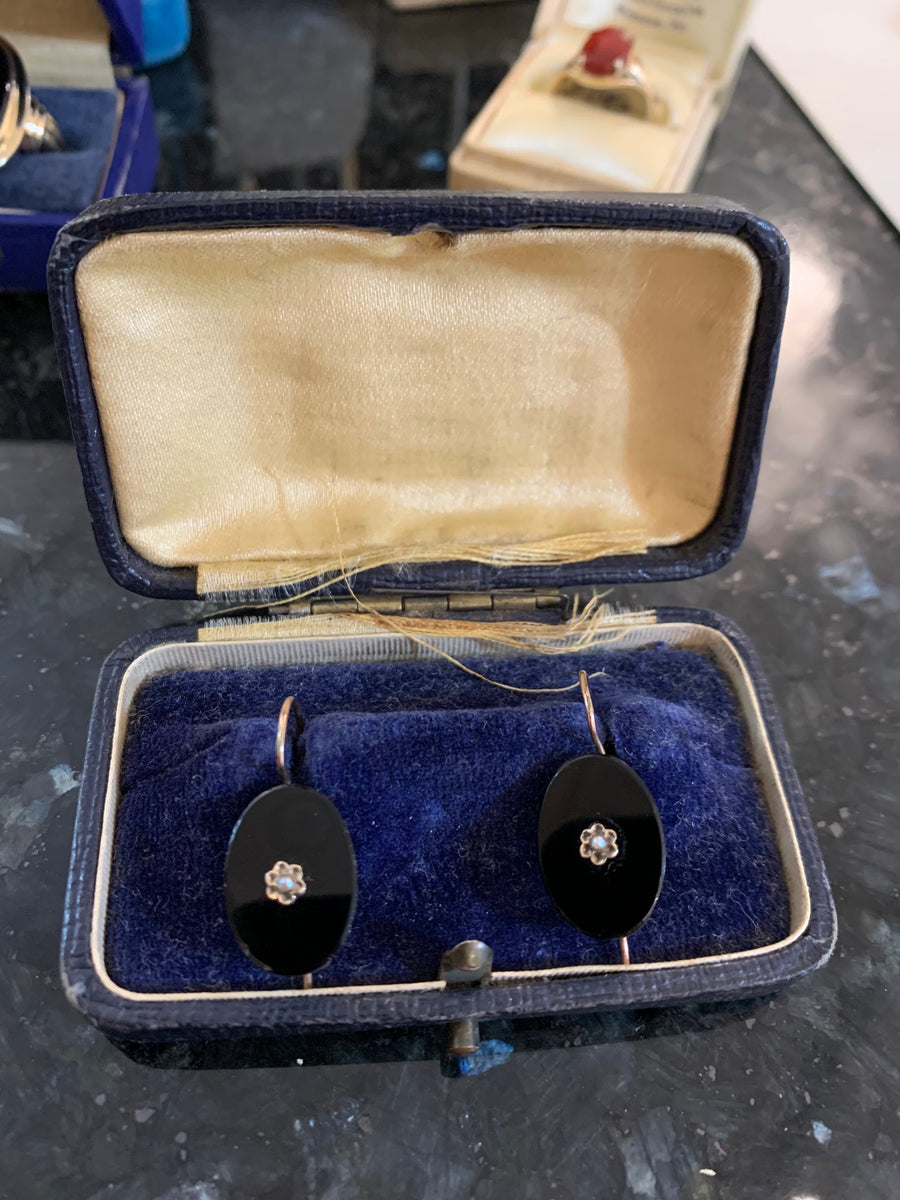 Victorian Onyx & Pearl Daisy Earrings, 10K