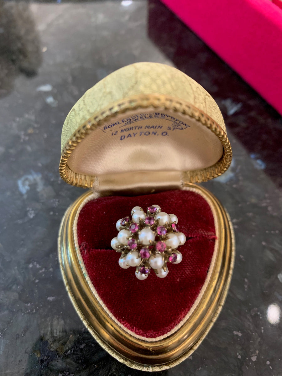 Handmade Ruby & Pearl Princess Ring, 10K Size 6.25. R=EST .72CTTW