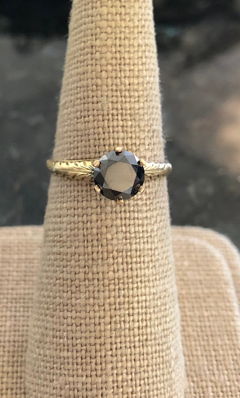 1.27 Carat Black Diamond in 14-Karat Yellow Gold Antique Mounting, Finger Size 5.25+