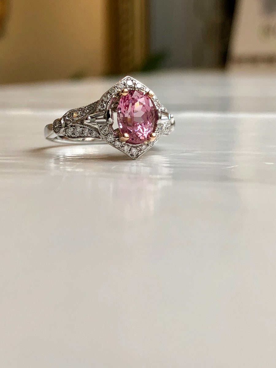"Tinkerbell" .97CT est. Pink Spinel Ring in 14K with .50CTTW Tapered Baguette Diamonds, Size 6.5