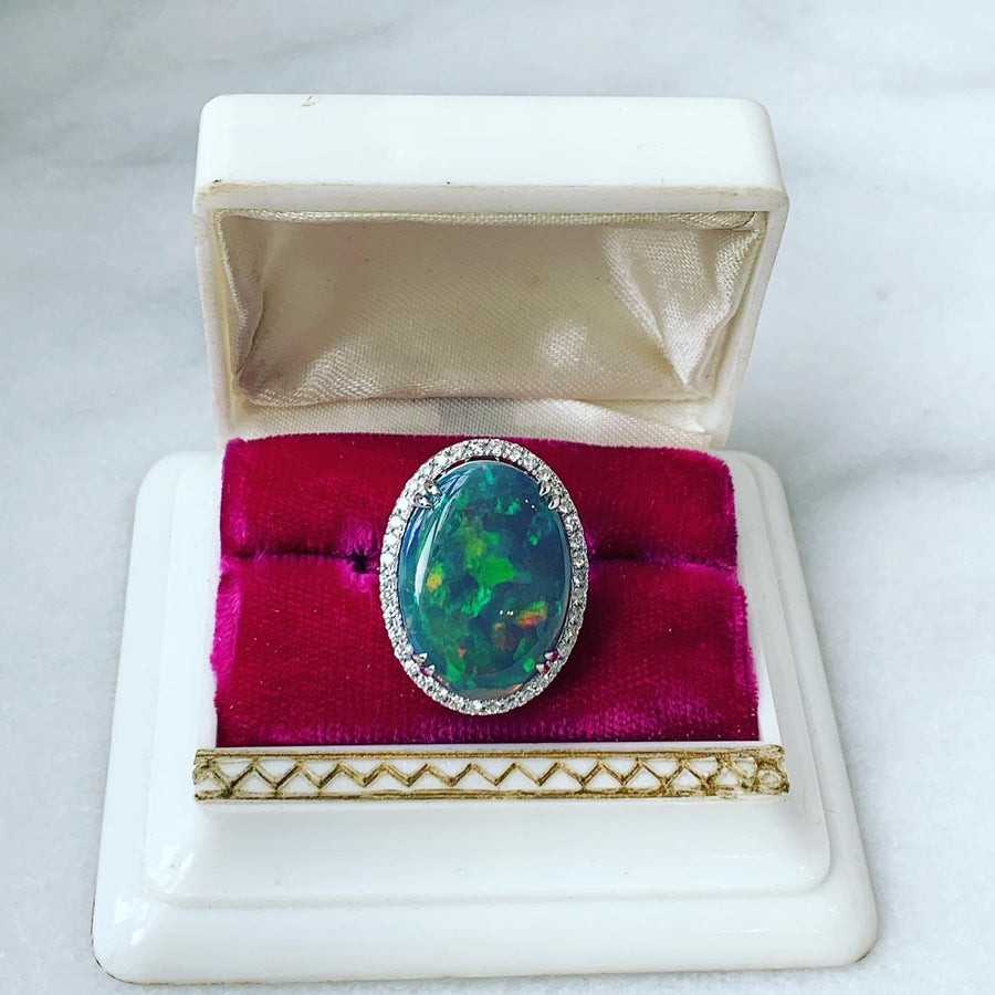 "Fidelis" Opal and Diamond Ring, 14K. Finger Size 6, 40D=.51CTTW, Opal=6.90CT. Estate Collection
