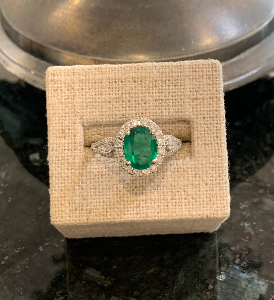 Breathtaking Emerald & Diamond Halo Ring, E=1.50CT, 58D=.44CTTW in 14K White Gold, Finger Size 7-