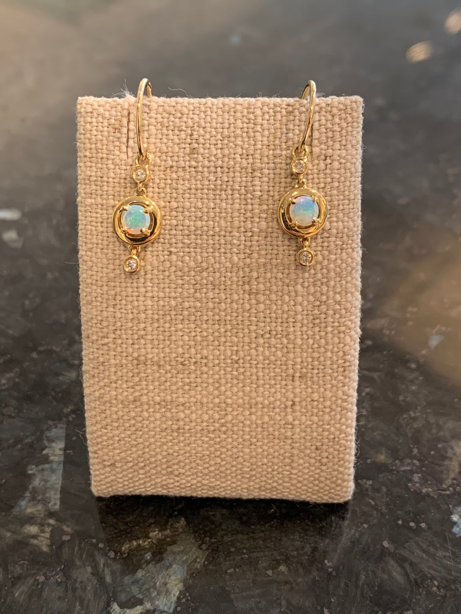 Sweet Opal & Diamond Drop Earrings on French Wires in 14K Yellow Gold. 2O=.20CTTW, 4D=.05CTTW