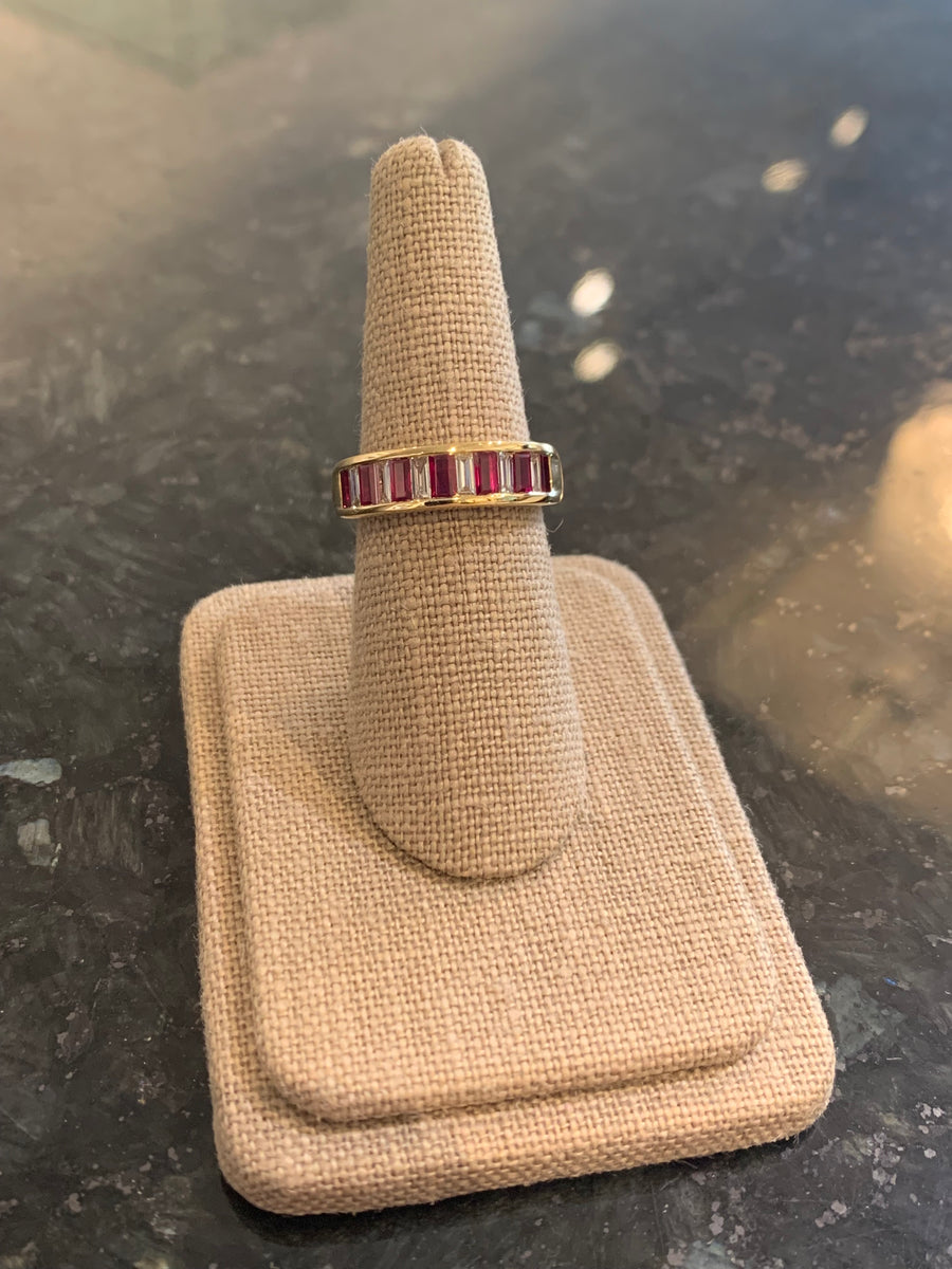 Absolutely Stunning Ruby & Diamond Baguette Band in 18K Yellow Gold, 6D=.38CTTW, 7R=1.19CTTW. Finger Size 6.5-
