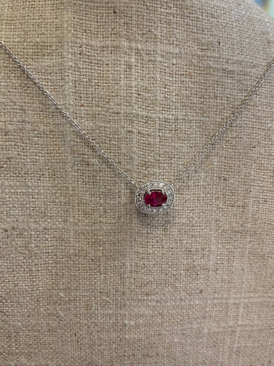 Oval Ruby and Diamond Halo Necklace with Milgrain Edges in 14K White Gold, R=.57CT, 16D=16CTTW