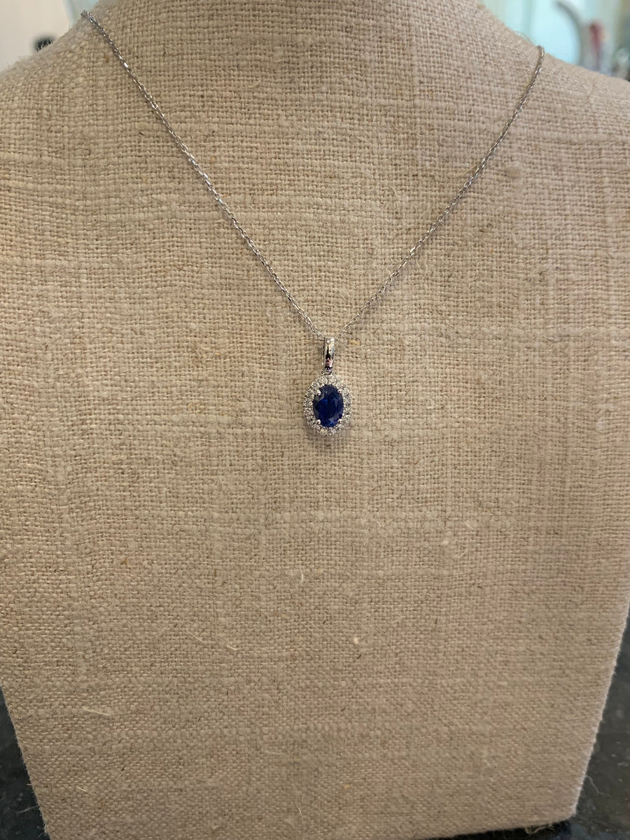 1 Carat Oval Sapphire in Diamond Halo Necklace, 14K White Gold. 16D=.16CTTW, 16-18" Adjustable Chain