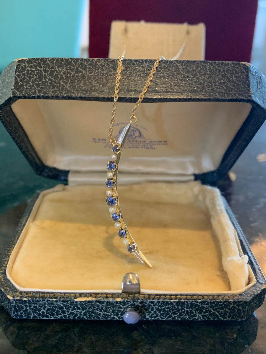 Blue Moon! Sapphire & Pearl Crescent Moon Necklace in 14K and Platinum Engraved Tips, Circa 1920's