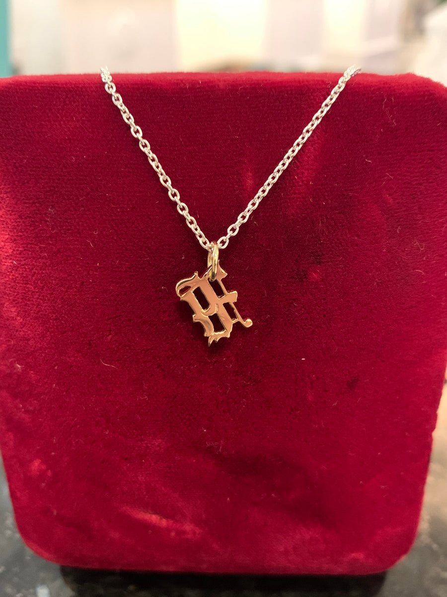 14K Gold Gothic "M" Pendant on 18" Sterling Silver Cable Chain