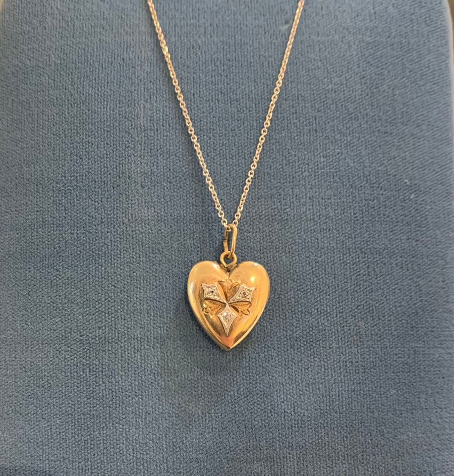 Antique Diamond & Two-Tone 10K Gold Heart Locket on Vintage 18K White Gold Chain, 16"