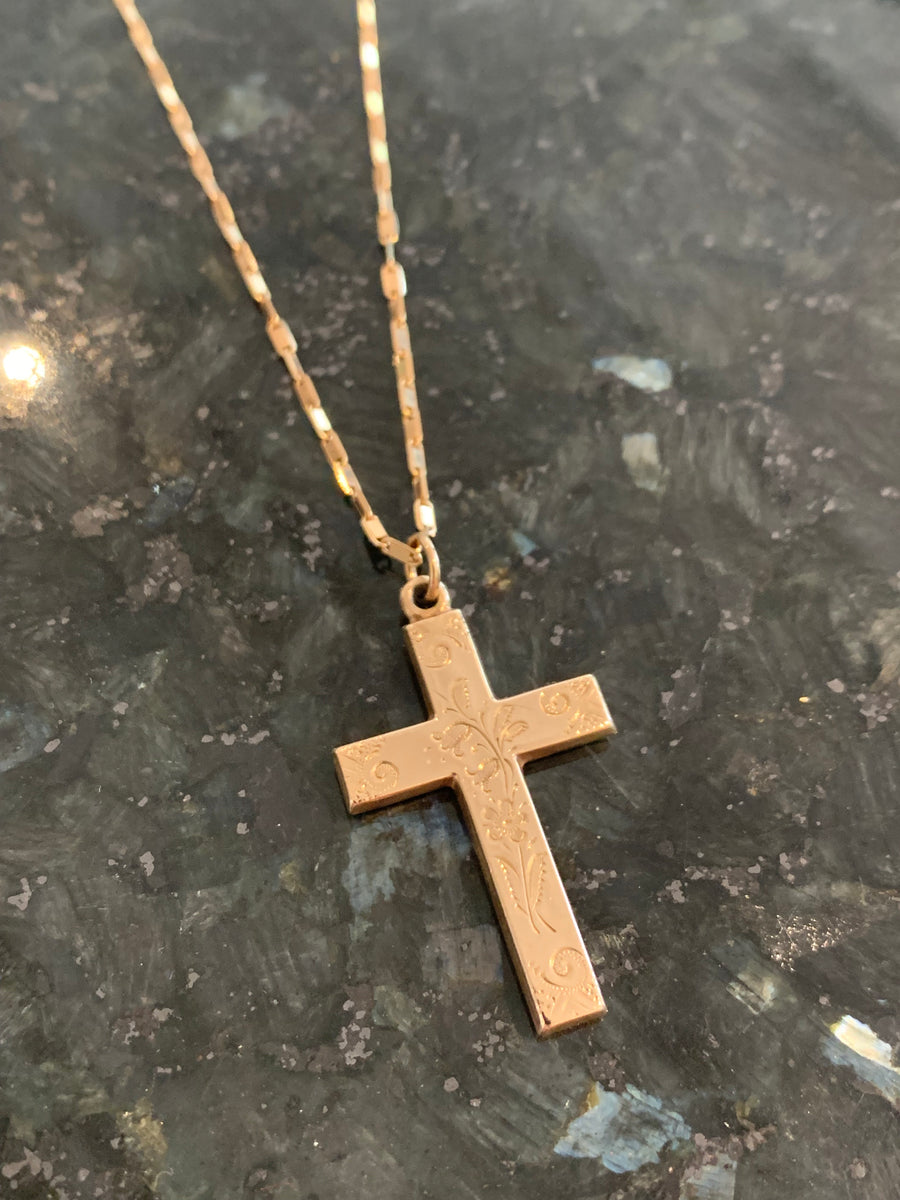 Just Gorgeous SOLID Hand-Engraved Victorian 10K Rose Cross on 14K Vintage Chain, Estate Collection