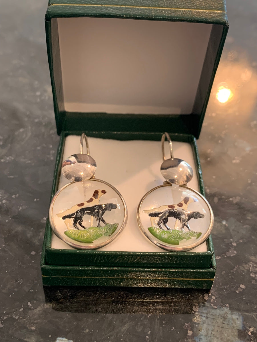 Incredibly Rare! Antique! Deco! Reverse Painted! English Setter & Pointer Intaglio Earrings in Sterling Silver, Estate Collection