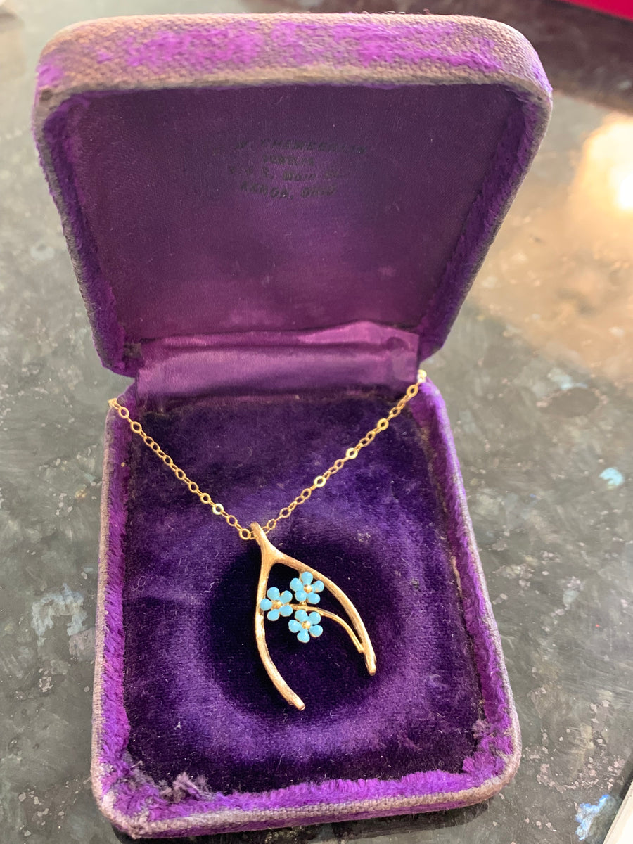 Incredible Vintage 14K Yellow Gold Wishbone & Blue Enamel "Forget-Me-Not" Flower Necklace, 18" Estate Collection