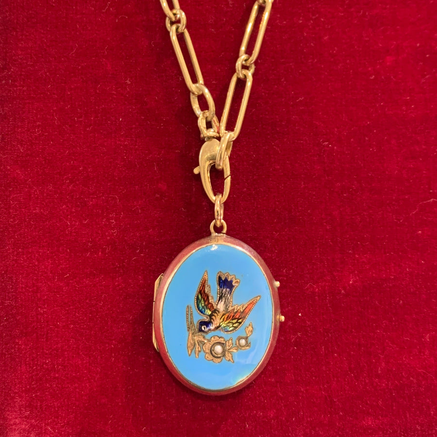 Impossibly Rare Victorian Pearl & Enamel Bird Locket in Gold & Silver on 14K Yellow Gold Modern Long Link Chain, 18" w/Swivel Clasp!