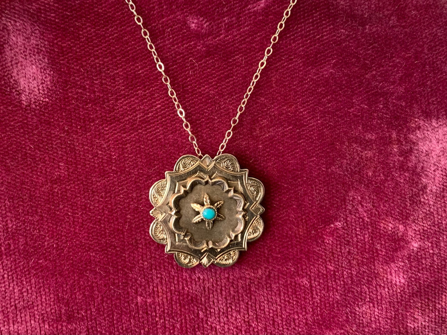 Antique Victorian 10K  Turquoise Pendant on 14K 16" Flat Cable Chain, Estate Collection