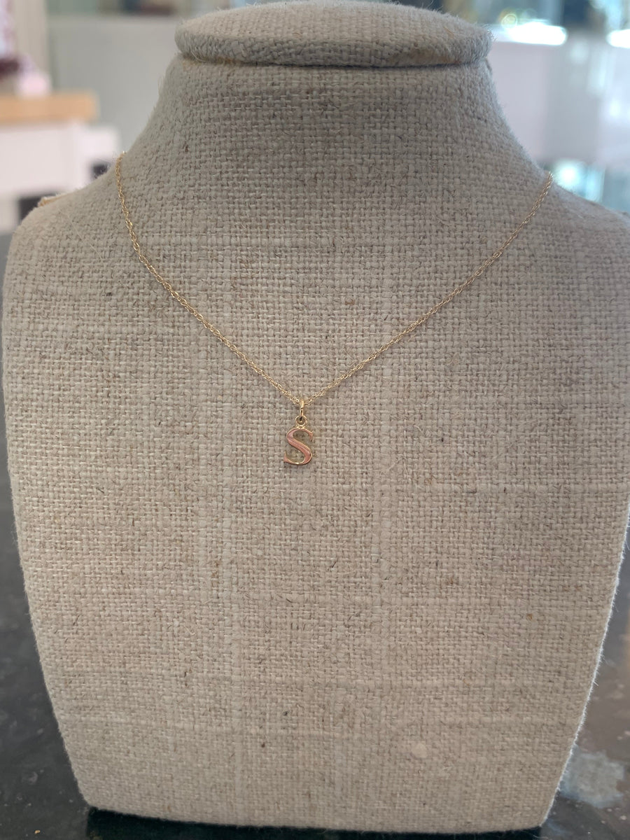 Petite Initial "S" in 14K Yellow Gold on 16" Rope Chain