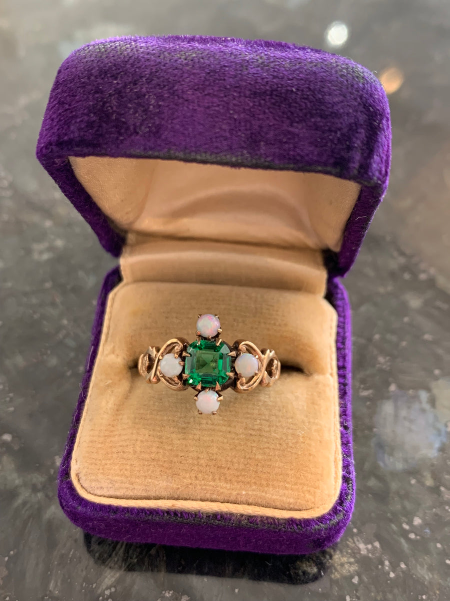 Victorian Opal & Simulated Emerald Ring in 10K Gold, Beautifully Done! 5.25,Estate Collection