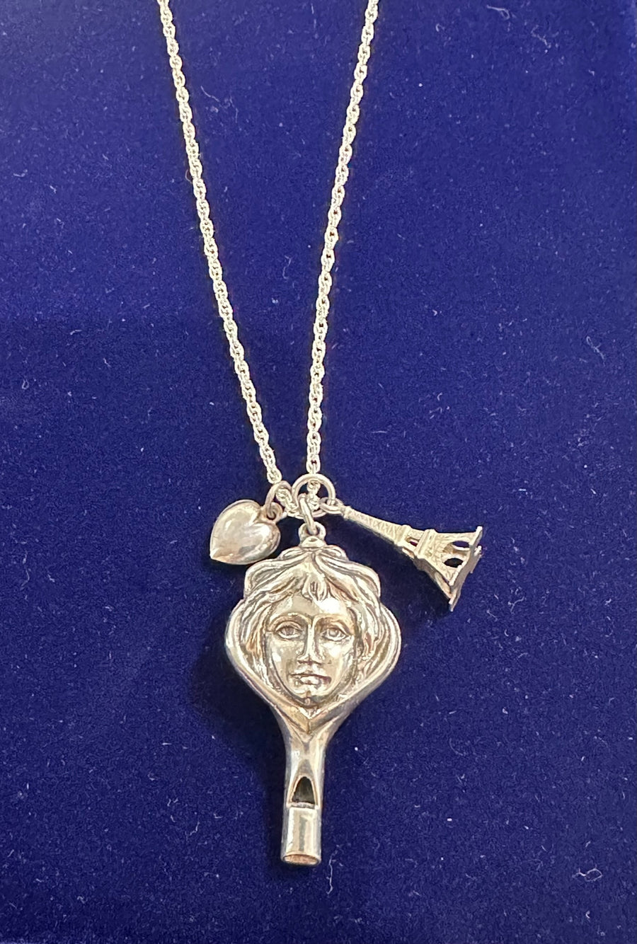 Art Nouveau Whistling Woman, Heart & Eiffel Tower Necklace in Sterling Silver. Modern 24" Rope Chain