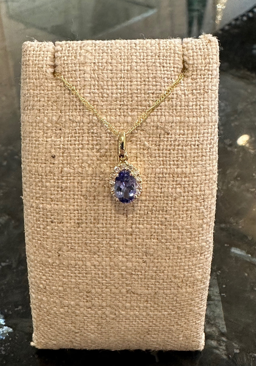 .43CT Oval Brilliant Tanzanite w/Diamond Halo Necklace in 14K Yellow Gold, 14D=.08CTTW. 18" Length