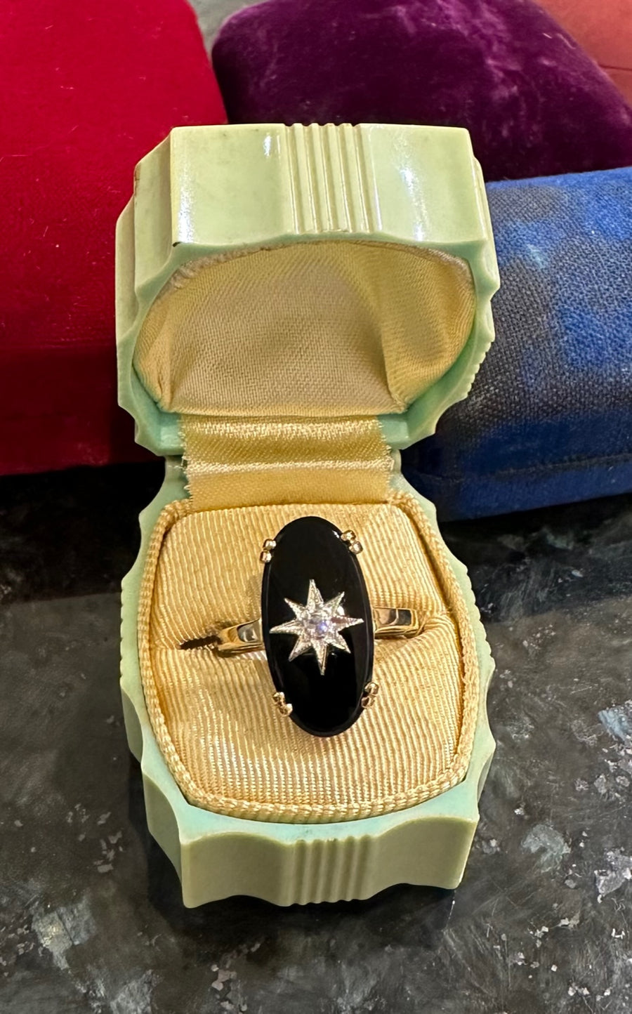 Favorite! Diamond Starburst Onyx Ring in 10K Yellow Gold, Finger Size 7. D=.02