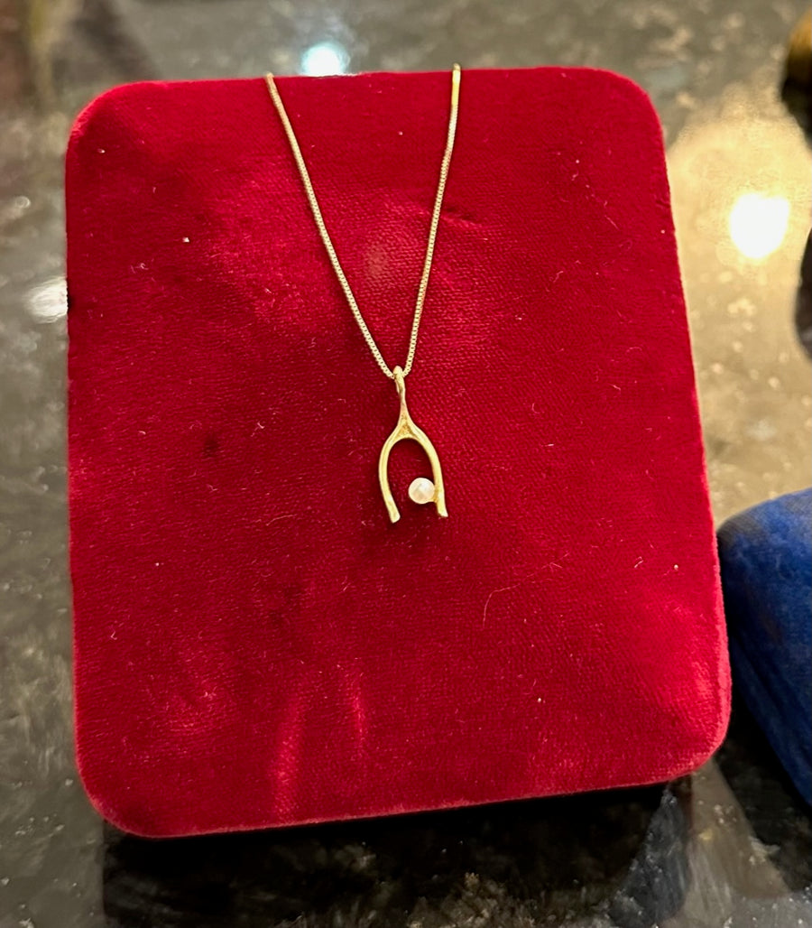 Sweet Wishbone w Pearl on 16" Box Chain, All in 14K Yellow Gold. Estate Collection