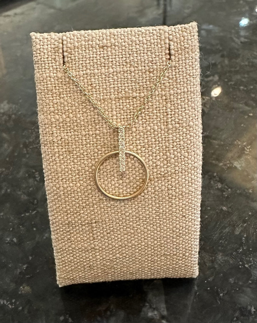 Open Circle Diamond Stick Necklace in Satin Finish 14-K Yellow Gold, 7D=.08CTTW. 16-18" Adjustable Length