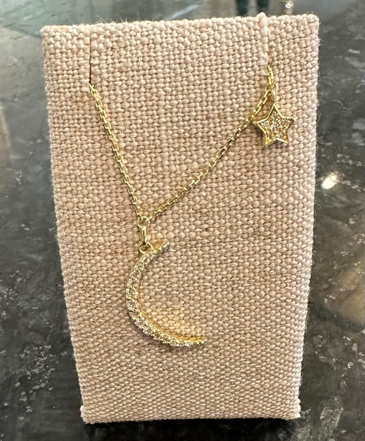 "The Moon & All The Stars" Diamond Necklace in 14-Karat Yellow Gold, 21D=.25CTTW. Adjustable 16-18"