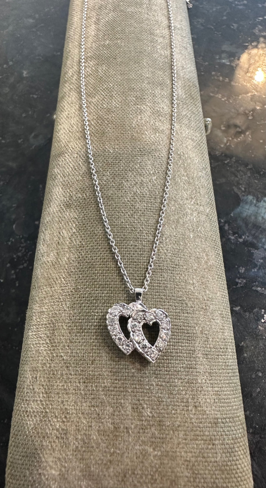 Double Diamond Vintage Heart Necklace in 14K White Gold, 16D=.25CTTW, 18"