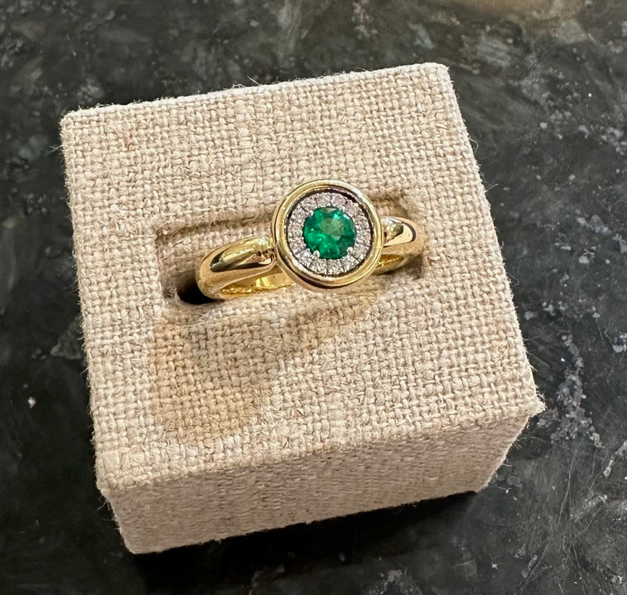 Emerald & Diamond Halo Ring By Spark in 18K Yellow Gold, 14D=.10CTTW, E=.33CT, Size 6.5