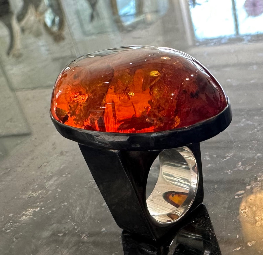 Amazing Amber Sculptural Ring in Sterling Silver, Size 6.