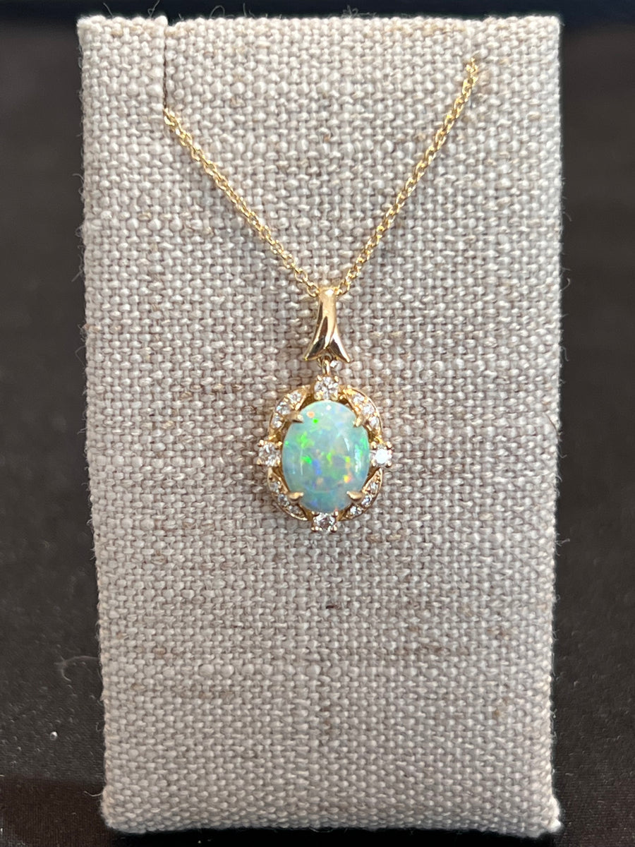 Stunning Opal Floral Halo Necklace in 14K, O=.97CT, 16D=.16CTTW